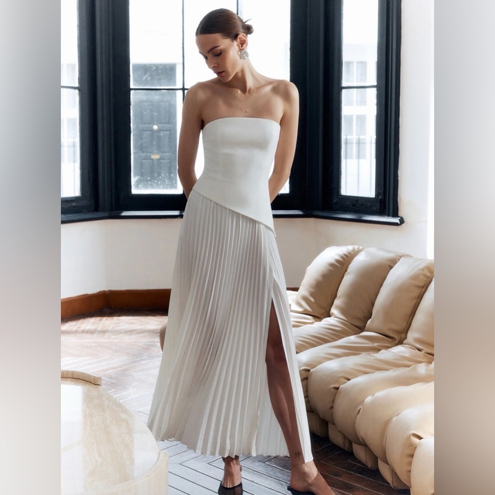Commense Strapless Pleated Maxi Dress in Cream-White